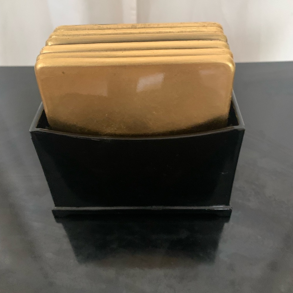 VINTAGE MCM Gold Coasters with beautiful, sleek Black Holder